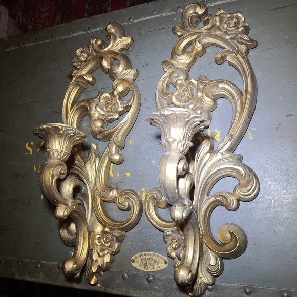 Vintage 2Pc Candle Sconce Homco 1971 Wall Decor 15" Gold Rococo USA Set #4118 - Picture 2 of 6